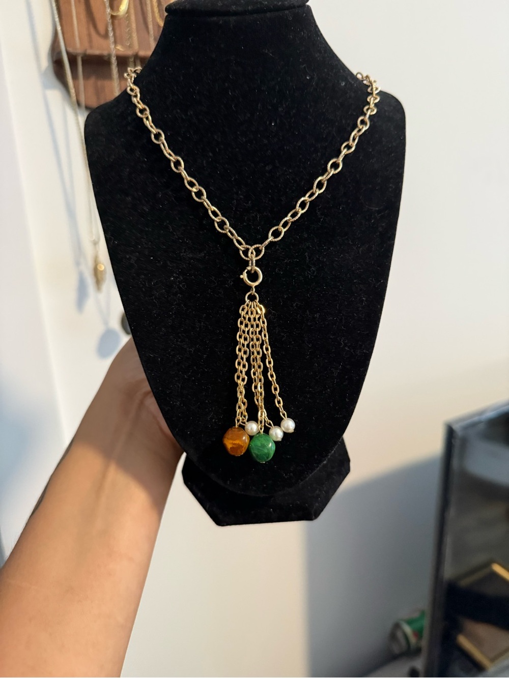 EMMONS| Gold Chain Tassel Necklace with Green and Amber Beads